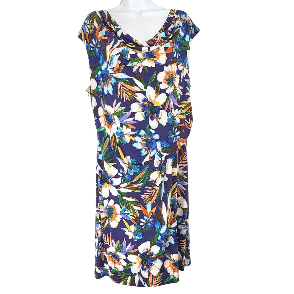 Tommy Hilfiger Women 14 Purple Blue Floral Cowl Neck Faux Wrap Sheath Dress‎